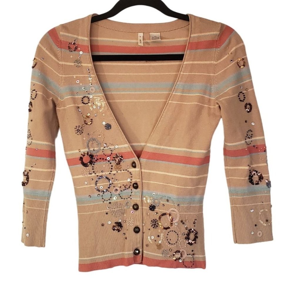 Abthro knit Cardigan‎ beaded size XS beige striped moth